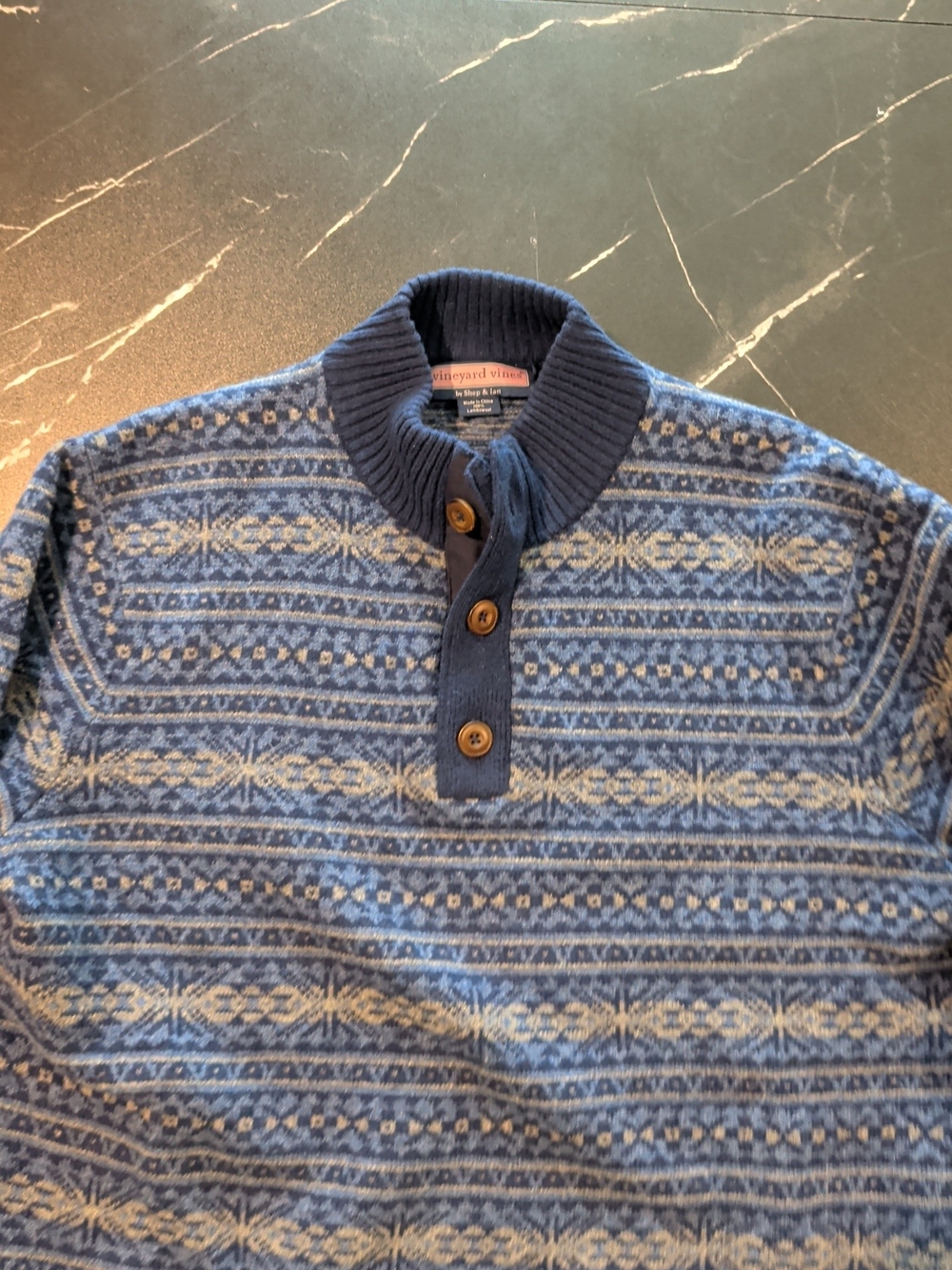 VINTAGE Vineyard Vines Blue Fair Isle Zip-Style Shawl-Collar Sweater